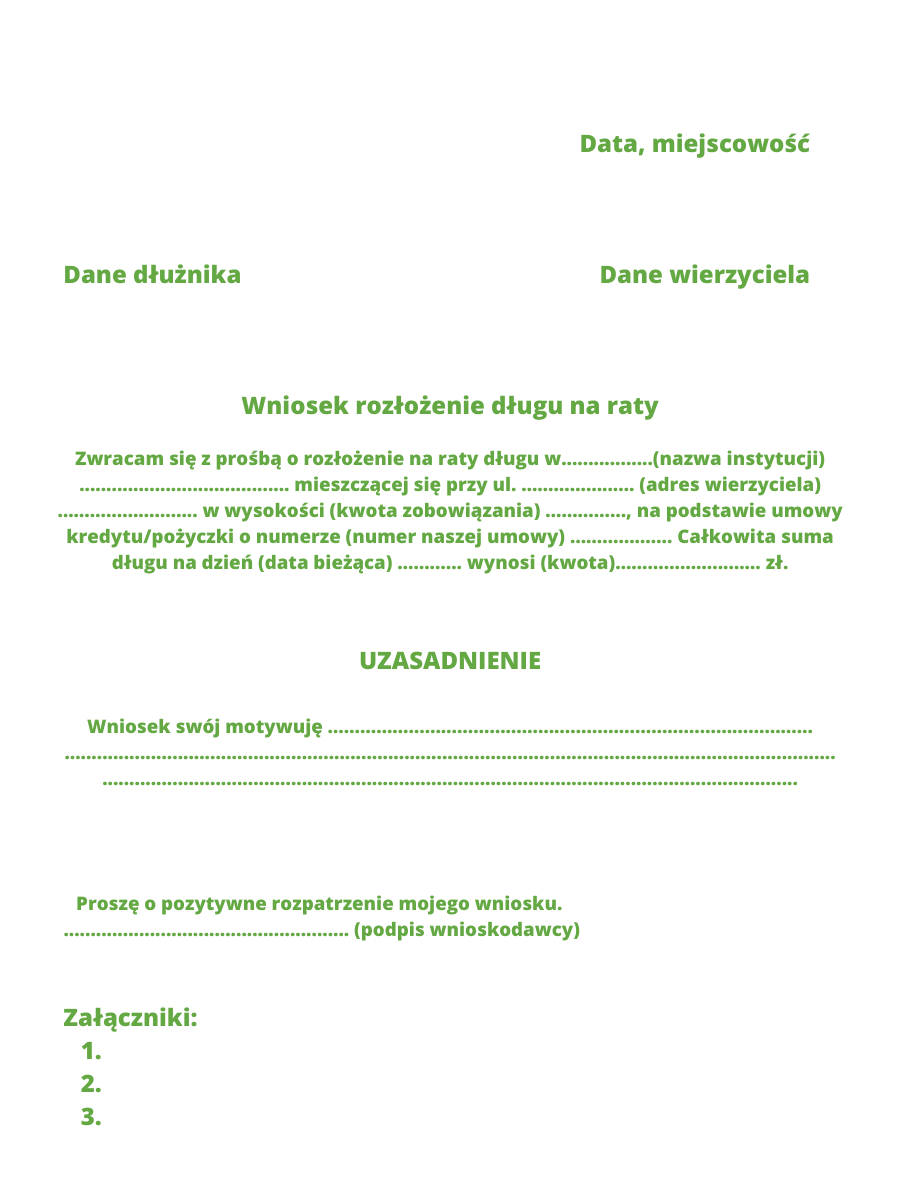 wniosek o rozłożenie długu na raty - wzór