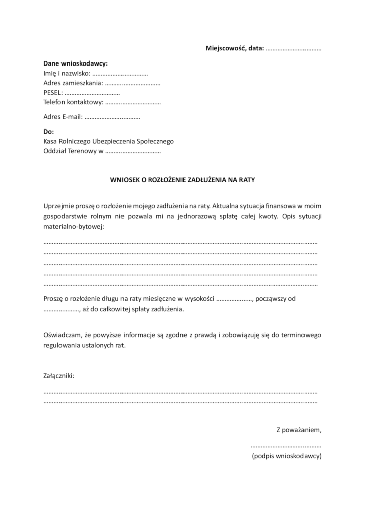 wzór wniosku do KRUS o rozłożenie długu na raty