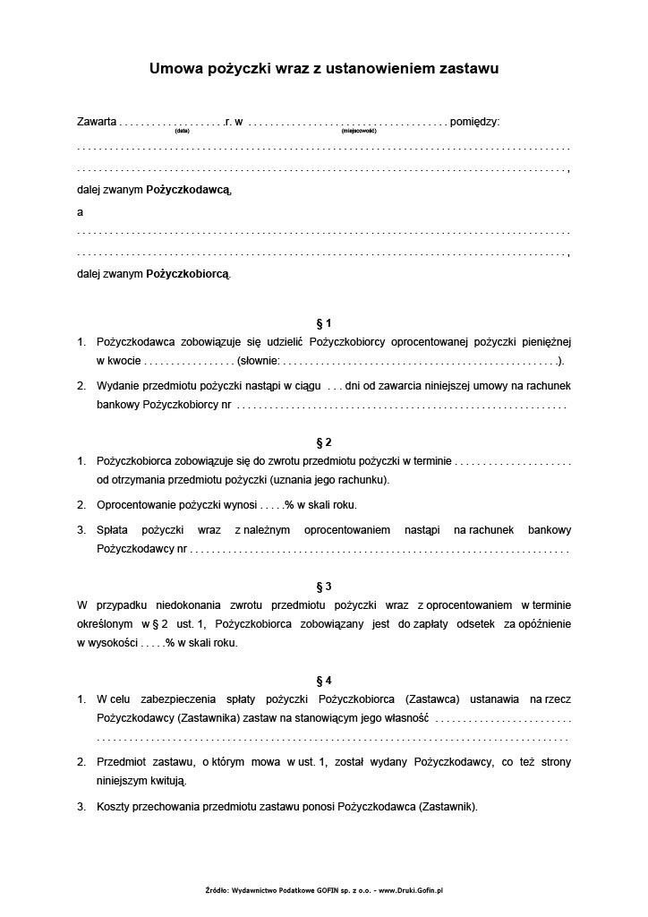 umowa pożyczki lombardowej wzór