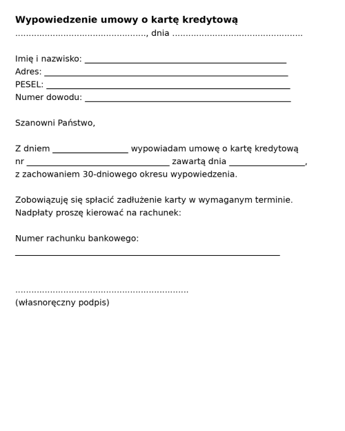 Wypowiedzenie umowy o kartę kredytową